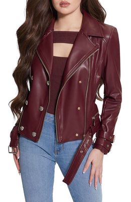 GUESS Olivia Faux Leather Moto Jacket in Red