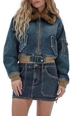 GUESS ORIGINALS Go Denim Bomber Jacket with Faux Fur Collar in Blue