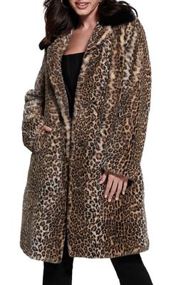 GUESS Petra Leopard Print Faux Fur Coat in Natural Leopard Combo