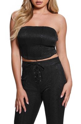 GUESS Python Embossed Strapless Faux Leather Crop Top in Black