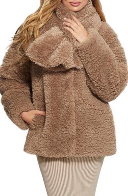 GUESS Rebecca Faux Fur Coat in Light Brown
