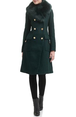 GUESS Removable Faux Fur Collar Wool Blend Double Breasted Walker Coat in Emerald