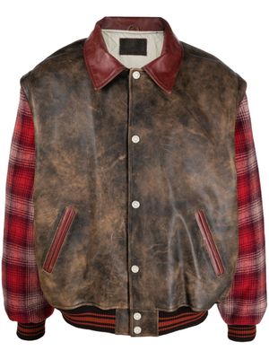 GUESS USA distressed-effect check-pattern bomber jacket - Brown