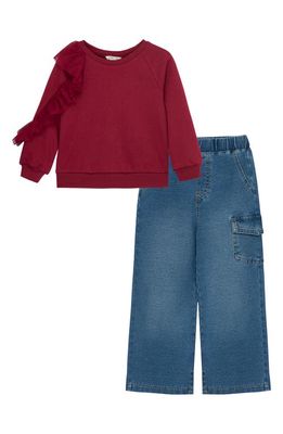 Habitual Kids Kids' Ruffle Sweatshirt & Jeans Set in Dark Red