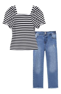 Habitual Kids Kids' Stripe Top & Stretch Denim Pants Set in Black/White Stripe