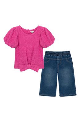Habitual Kids Puff Sleeve Tie Front Bouclé Sweater & Wide Leg Jeans Set in Dark Pink