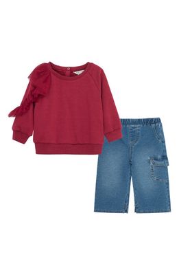 Habitual Kids Ruffle Sweatshirt & Wide Leg Knit Jeans Set in Dark Red