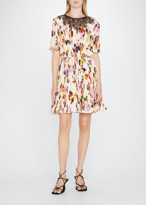 Habotai Blur Floral-Print Lace-Trim Plisse Mini Dress