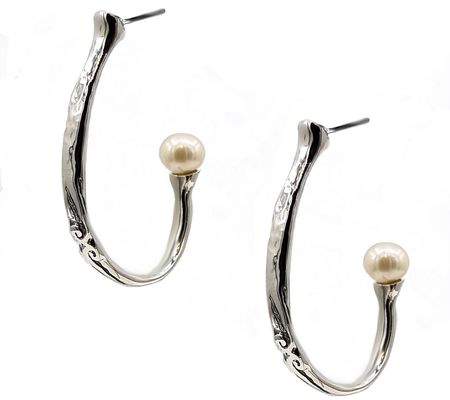 Hagit Sterling Silver Cultured Pearl Hammered H oop Earrings