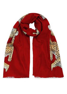 Halcyon Days Twin Leopard Red Wool & Silk Blend Oblong Oversized Scarf