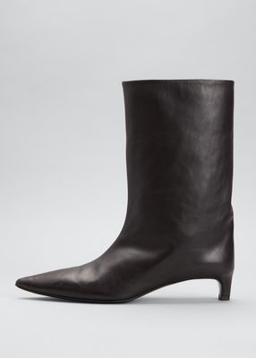 Half Leather Kitten-Heel Mid Boots