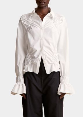 Hallow Shirred Button-Down Top