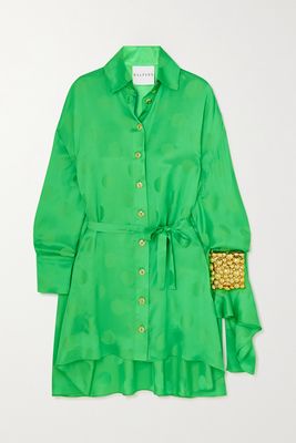 Halpern - Asymmetric Embellished Polka-dot Satin-jacquard Mini Shirt Dress - Green