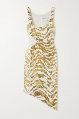Halpern - Asymmetric Paneled Tiger-print Sequined Tulle Dress - Gold