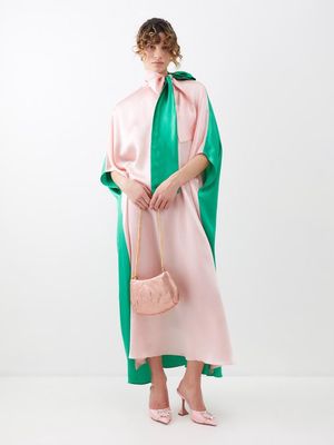 Halpern - Bi-colour Tie-neck Silk-satin Maxi Kaftan - Womens - Pink Green
