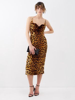 Halpern - Leopard-print Sweetheart-neck Midi Dress - Womens - Black Brown Multi