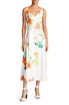 HALSTON Caralyn Floral Sequin Midi Dress in Chalk Blurred Floral