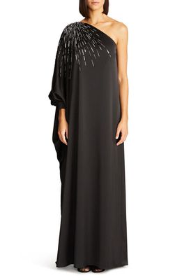 HALSTON Chaya Beaded One-Shoulder Satin Gown in Black