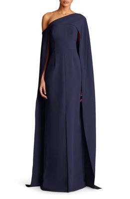 HALSTON Elycia Capelet Stretch Crepe Gown in Navy