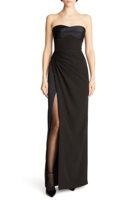 HALSTON Esther Ruched Strapless Crepe & Satin Gown in Black