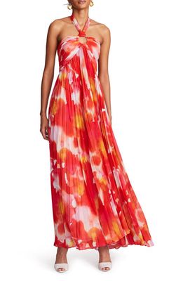 HALSTON Jill Pleated Chiffon Gown in Sunset Watercolor Print