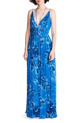 HALSTON Mindy Floral Chiffon A-Line Gown in Ocean Painted Floral Print