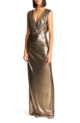 HALSTON Misha Metallic Jersey Gown in Antique Gold