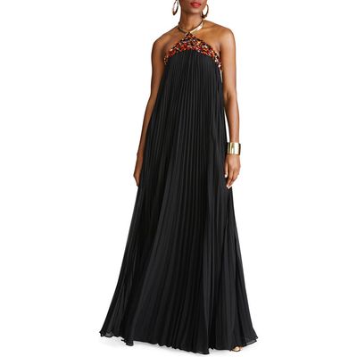 HALSTON Pythia Pleated Chiffon Halter Neck Gown in Black 