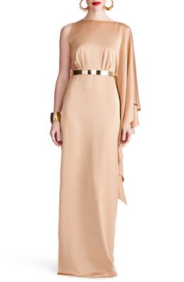 HALSTON Rhiannon Belted Satin Column Gown in Tan Beige 