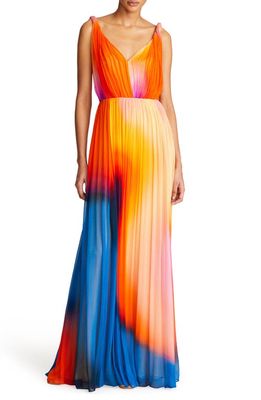 HALSTON Stacia Crinkle Chiffon A-Line Gown in Sunset Abstract Color Block