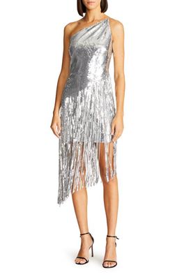 HALSTON Tonya Sequin Fringe One-Shoulder Cocktail Dress in Chalk/Silver