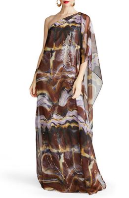 HALSTON Ushi Sequin Embellished One-Shoulder Chiffon Gown in Earth Strata 