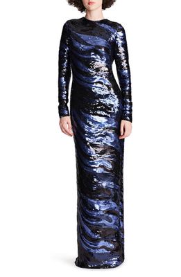 HALSTON Whitney Sequin Long Sleeve Column Gown in Twilight Color Block