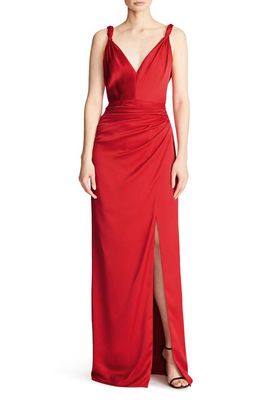 HALSTON Yvette Side Ruched Satin Gown in Crimson