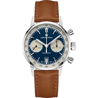 Hamilton American Classic Automatic Chronograph Leather Strap Watch, 40mm in Brown/Blue/Silver 