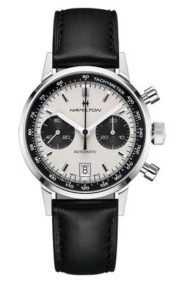 Hamilton American Classic Intra-Matic Automatic Chronograph Leather Strap Watch, 40mm in Black/White/Silver 