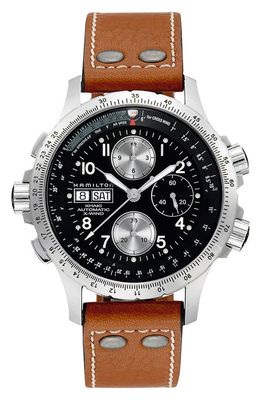 Hamilton Khaki Aviation X-Wind Automatic Chronograph Leather Strap Watch, 44mm in Brown/Black/Silver 