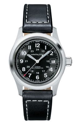 Hamilton Khaki Field Automatic Leather Strap Watch, 38mm in Black/Silver 