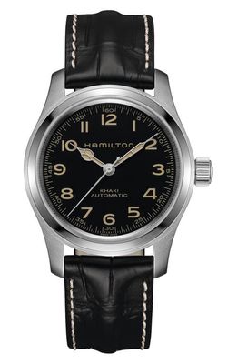 Hamilton Khaki Field Automatic Leather Strap Watch, 42mm in Black/Silver 