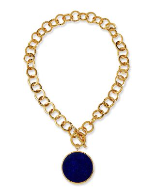 Hammered Gold Link Lapis Bezel Necklace