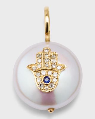 Hamsa Freshwater Pearl Pendant with Diamonds and Sapphires