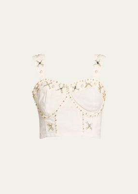 Hand-Beaded Denim Bustier Top