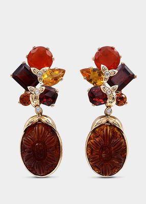 Hand Carved Amber, Fire Opal, Garnet and Citrine Earrings in 18K Gold