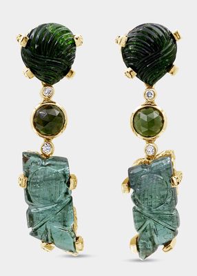 Hand Carved and Faceted Green Tourmaline Earrings in 18K Gold