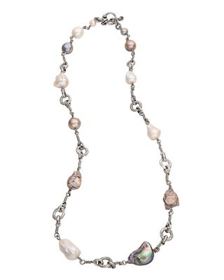 Hand-Carved Baroque Multihued Pearl Necklace in Sterling Silver