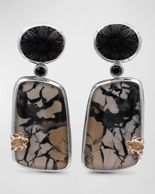 Hand Carved Black Agate, Jasper and Black Diamond Earrings