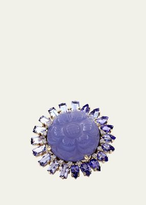 Hand-Carved Chalcedony, Tanzanite and Diamond Ring in 18K Gold