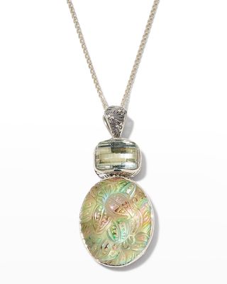Hand-Carved Natural Quartz and Faceted Green Amethyst Pendant Necklace in Sterling Silver