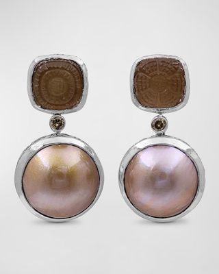 Hand-Carved Quartz, Sunstone, and Mabe Pearl Earrings