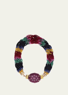 Hand-Carved Ruby, Yellow Sapphire, Sapphire Bead and Diamond Necklace in 18K Gold